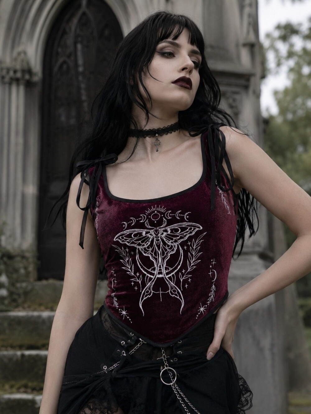 NEW Deep Red Velvet Top with Goth Moon Moth Celestial Embroidery